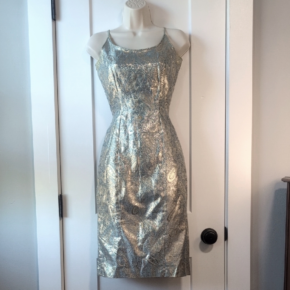 1960s handmade metallic sheath dress + matching purse, size S